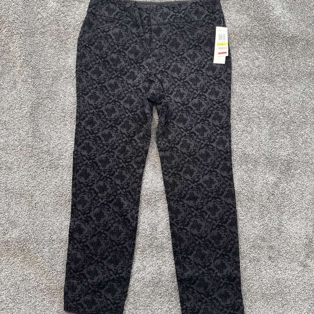 Womens 14 Charter Club Pants Flocked Black Paisley WInter Elegance Rayon Spandex